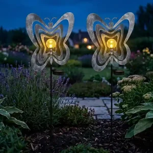 Bestpreis meineWunschleuchte 2er Set LED Solar Gartenstecker mit drehbaren Schmetterlingen Silber-Grau, 83cm
