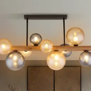 Wochenendangebot meineWunschleuchte LED Deckenleuchte aus Holz 9-flammig Glaskugeln Rauchglas & Bernstein, B: 78cm