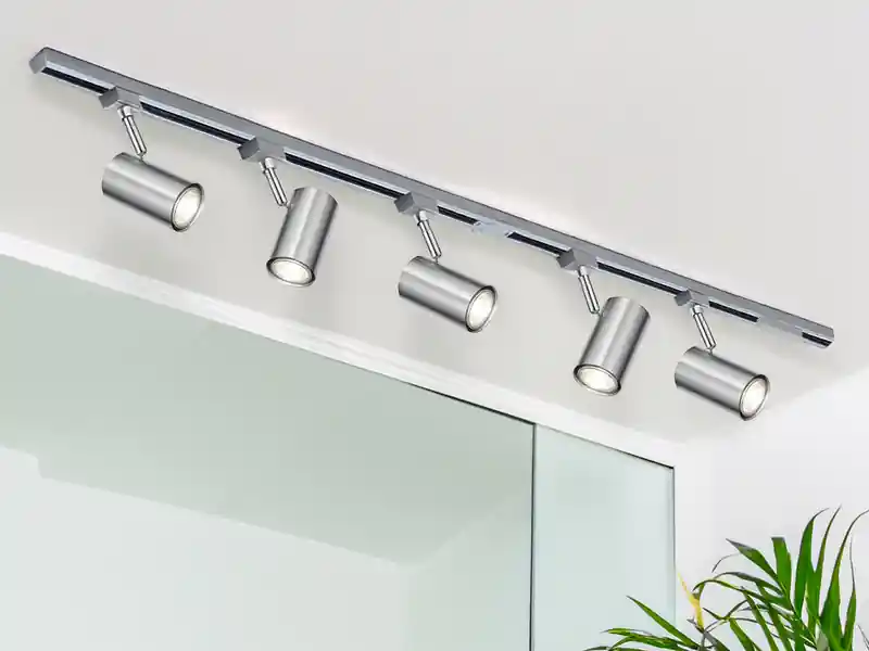 Billig meineWunschleuchte Lichtschienensystem mit 5 Spots Silber & Einspeisung 4-adrig, Länge 202,5cm