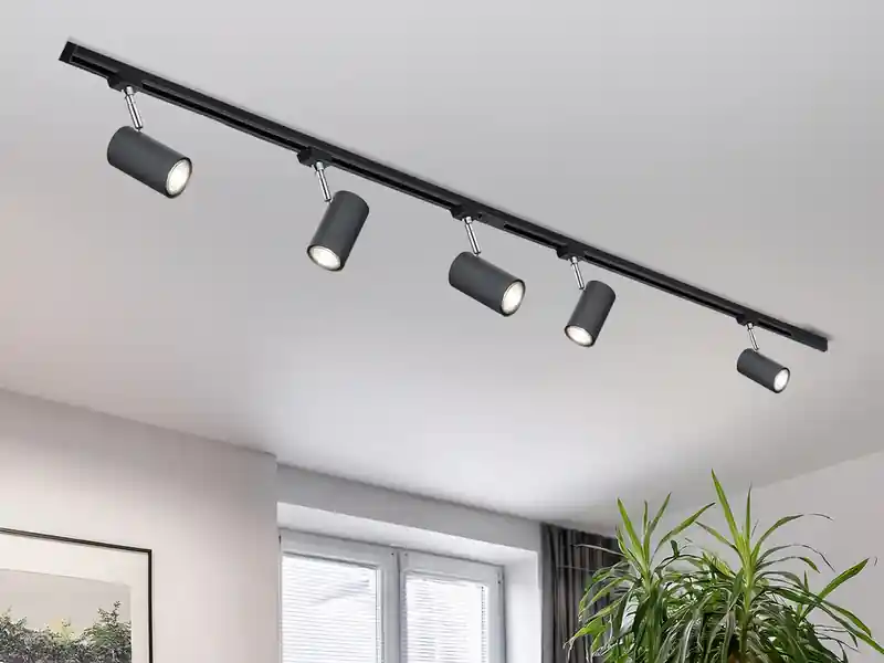 meineWunschleuchte Lichtschienensystem Schwarz mit 5 Spots & Einspeisung 4-adrig, Länge 202,5cm Preis Gesenkt