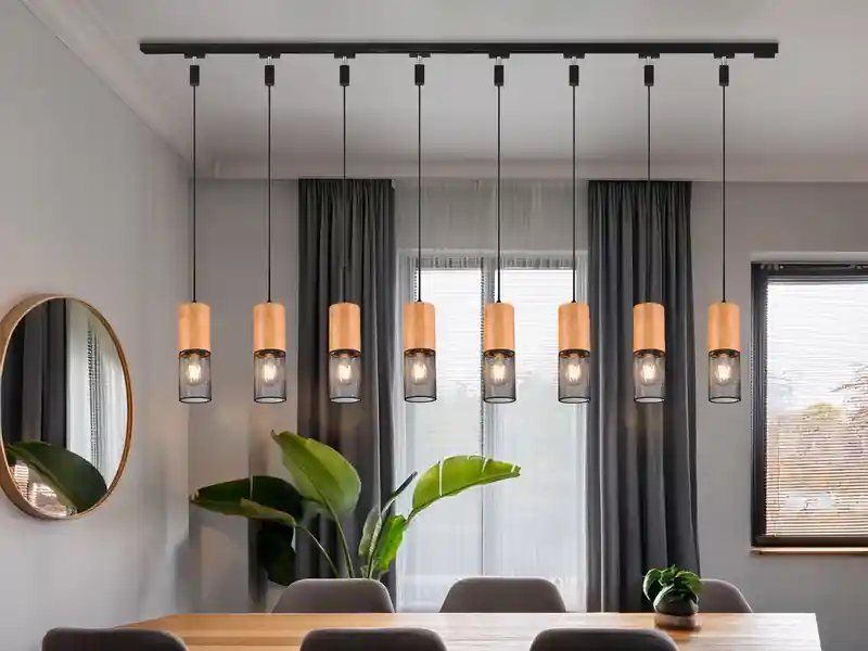 Preisknaller meineWunschleuchte Lichtschienensystem mit 8x Holz Pendel & Einspeisung 4-adrig, Länge 202,5cm