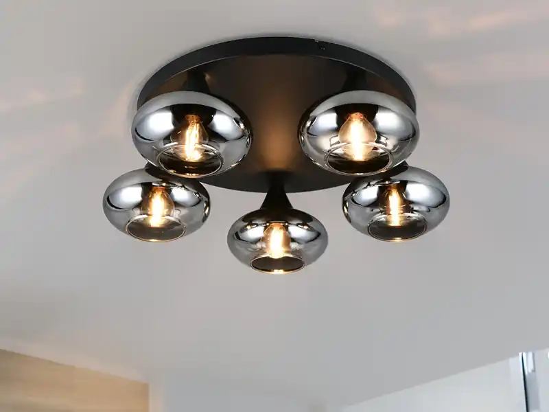 RL LIVE YOUR LIGHT Deckenleuchte DIVINA rund mit 5 Rauchglas Lampenschirmen, Ø 49cm Knallerangebot
