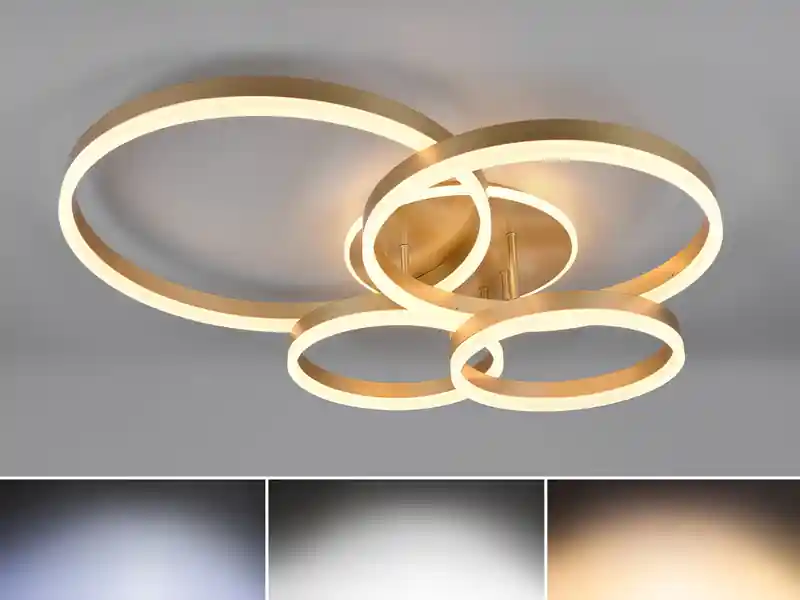Saisonangebot Trio Leuchten Deckenleuchte DRAKE Gold Fernbedienung 4 LED Ringe dimmbar, B: 80cm
