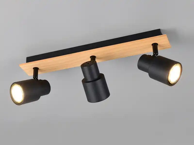 RL LIVE YOUR LIGHT Deckenstrahler PIERRE 3-flammig aus Metall in Schwarz mit Holz, Breite 46cm Begrenztes Angebot
