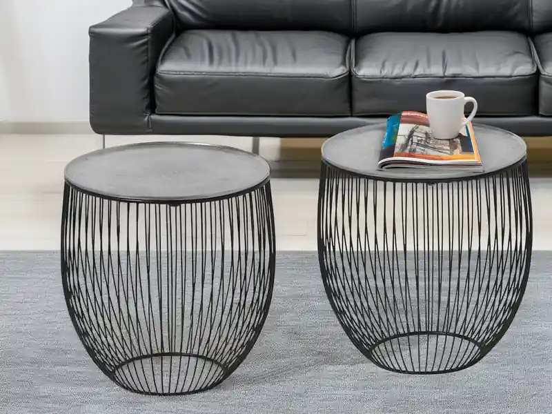meineWunschleuchte Couchttisch 2 teilig Korbtisch Metall Schwarz mit Tischplatte Silber, Höhe 42cm Heißes Angebot