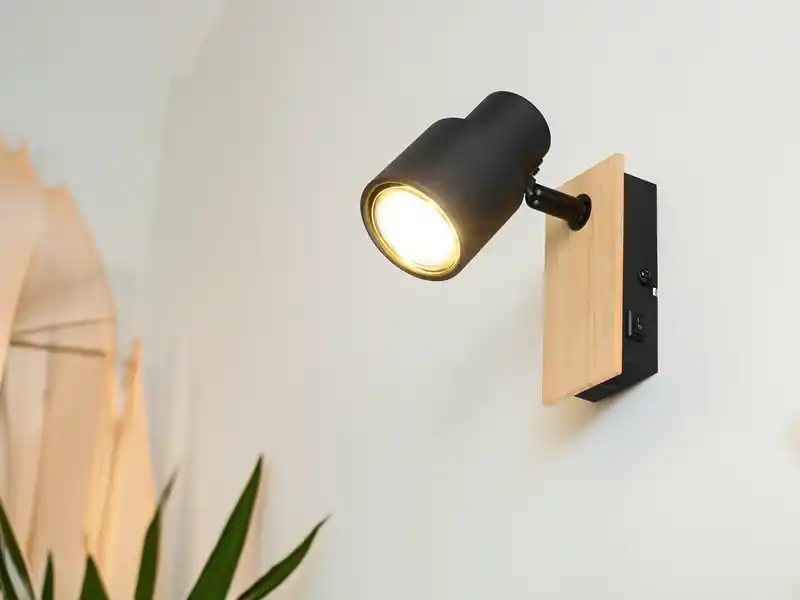 Solange Der Vorrat Reicht meineWunschleuchte LED Wandstrahler mit Schalter, Metall Schwarz & Holz, Breite 6cm