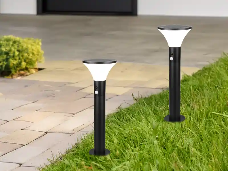 Neu Im Sortiment meineWunschleuchte 2er SET Sockelleuchten mit Solar und Strom, Hybrid mit Bewegungsmelder Höhe 50cm