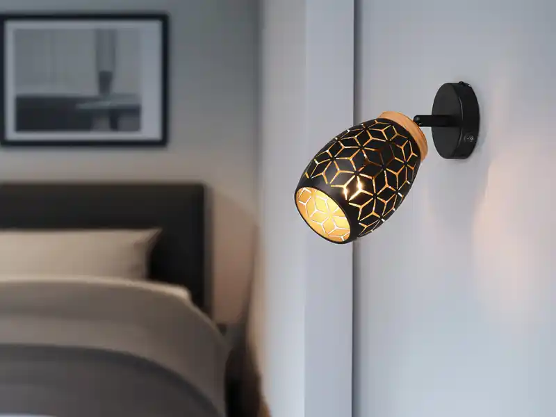 Kostenloser Versand meineWunschleuchte LED Wandstrahler Schwarz Gold mit Schalter & Stanzmuster, Breite 12cm
