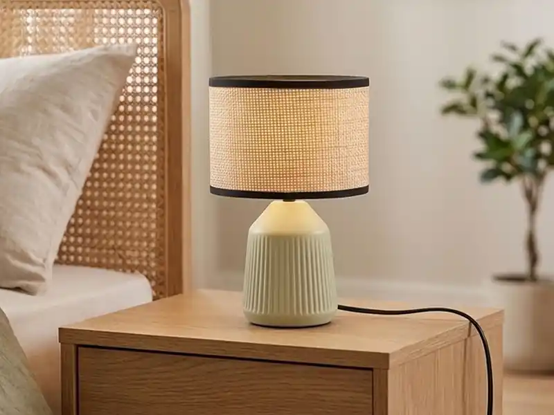 Online Kaufen meineWunschleuchte LED Tischlampe dimmbar, Keramikfuß Grün, Papierschirm geflochten, Höhe 26,5cm