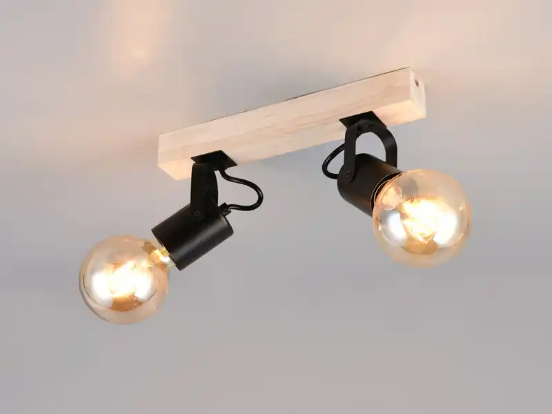 RL LIVE YOUR LIGHT Deckenstrahler LYNAR 2-flammig aus Metall Schwarz mit Naturholz, Breite 31cm Gratis Versand