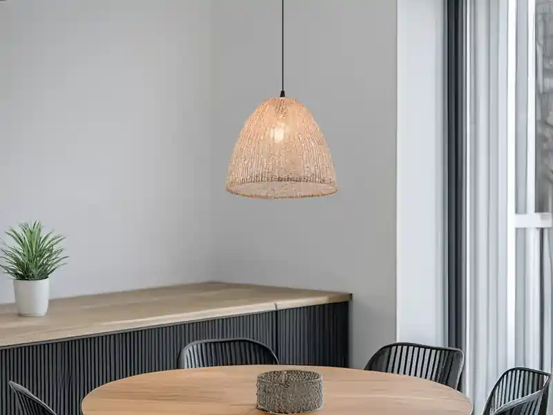 Rabatt meineWunschleuchte LED Boho Pendelleuchte mit Lampenschirm aus grob gewebtem Stoff, Ø 32cm