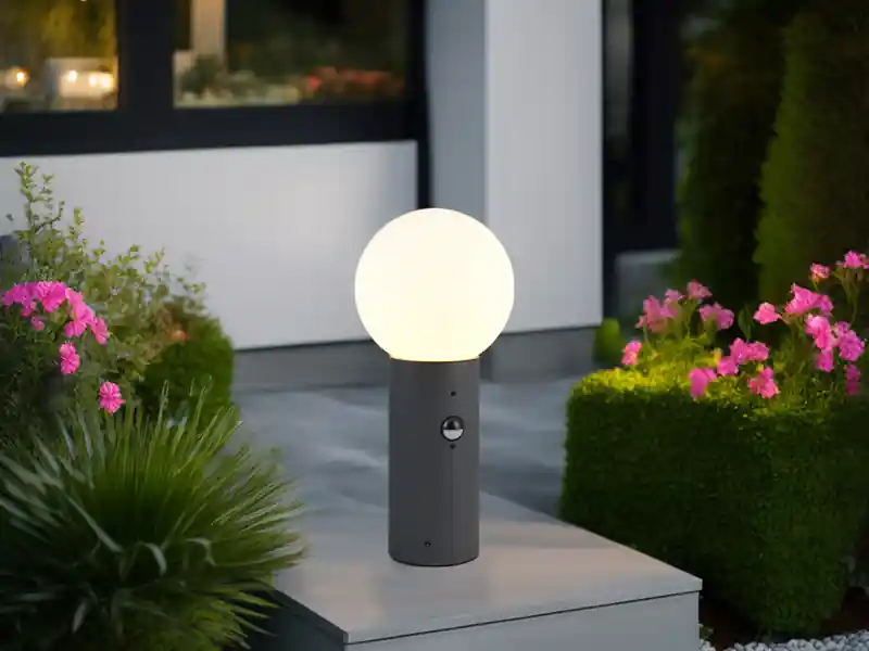 Heißes Angebot meineWunschleuchte LED Sockelleuchte in Anthrazit mit Glaskugel & Bewegungsmelder, Höhe 40cm
