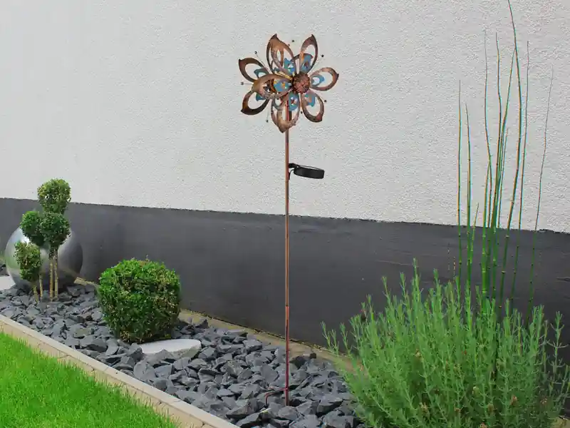 Gratis Versand Globo Solar Gartenstecker Windrad mit Erdspieß in Kupfer patiniert & Blau, Höhe 92cm