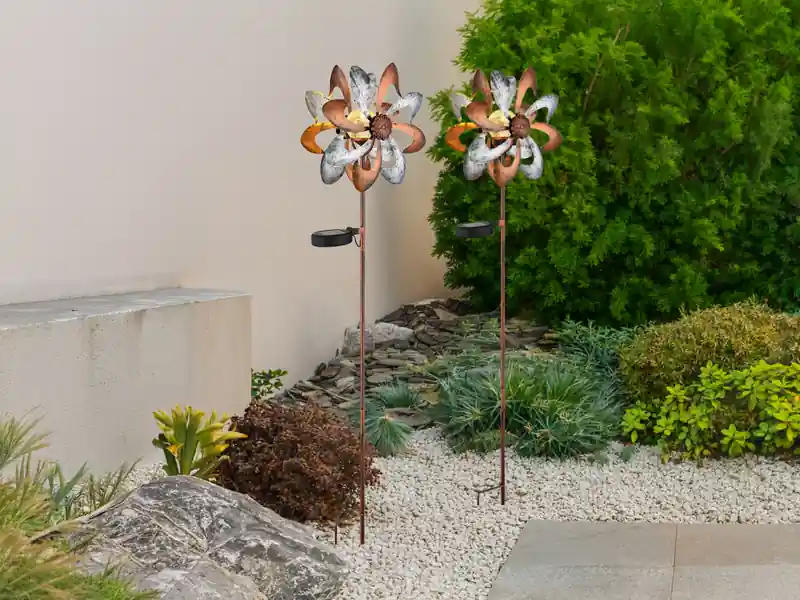 Garantierte Lieferung meineWunschleuchte 2er Set Solar Gartenstecker Windrad mit Erdspieß in Kupfer & Silber, Höhe 92cm