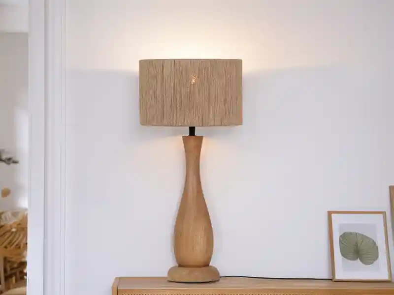Trio Leuchten Große Tischleuchte TOBA aus Naturholz mit Lampenschirm aus Jute, Höhe 54cm Preisknaller