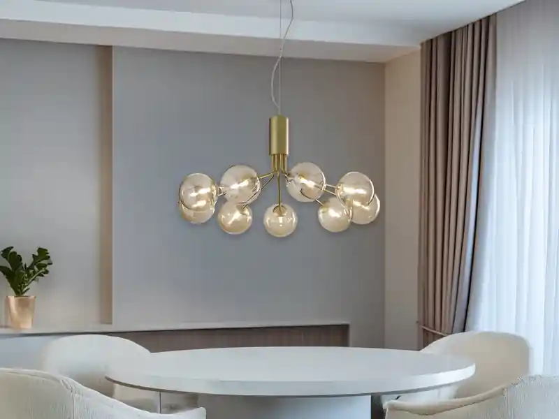 Zertifiziert LUCE Design Große Pendelleuchte HONEY 9-flammig Gold-Glaskugeln Bernsteinfarbig, Ø 83cm
