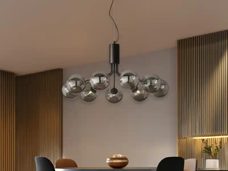 LUCE Design Pendelleuchte HONEY 9-flammig Schwarz mit Glaskugeln Rauchglas, Ø 83cm Mega-Angebot