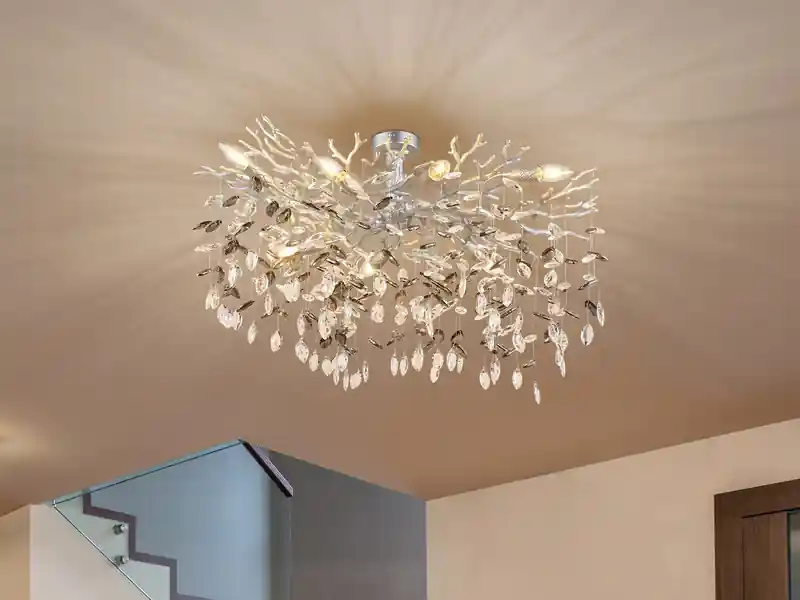Globo Große Deckenleuchte QUEENA Silber 7-flammig Glas Kristall 2-farbig, Breite 85cm Preis Gesenkt