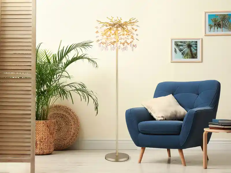 Rabatt Globo Ausgefallene Stehlampe QUEENA Gold mit Glas Kristall 2-farbig, Höhe 155cm