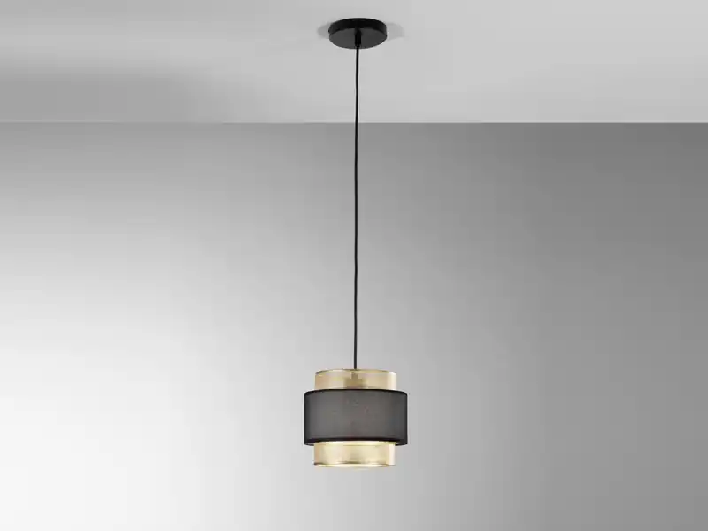 Geprüft LUCE Design Pendelleuchte LOUNGE einflammig, Metall Gold mit Stoffblende Schwarz, Ø 21cm