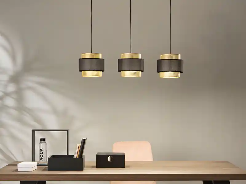 Finale Aktion LUCE Design Pendelleuchte LOUNGE 3-flammig, Metall Gold mit Stoffblende Schwarz, Breite 85cm