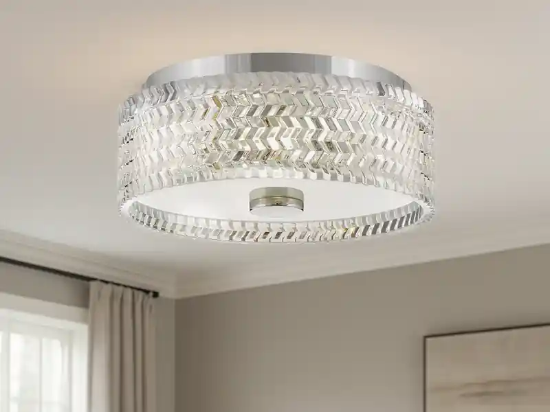 HINKLEY Retro Deckenleuchte ELLE Chrom mit Chevron Glas Lampenschirm Ø 30,5cm Garantierte Lieferung
