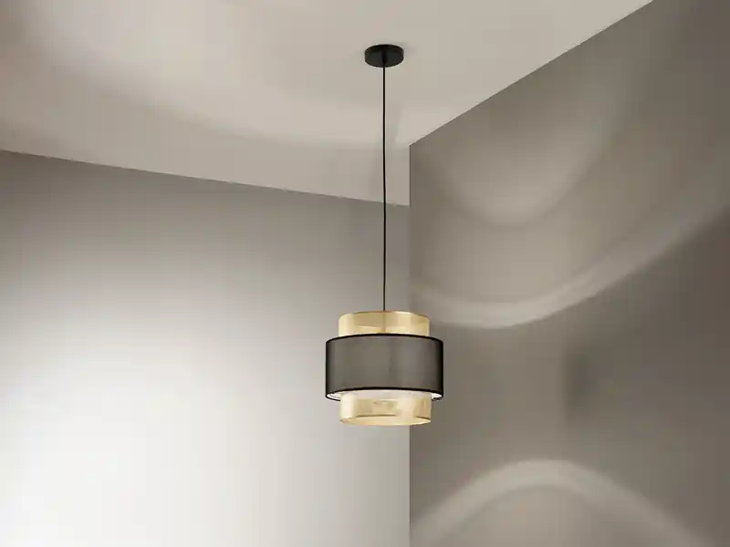 meineWunschleuchte LED Hängelampe einflammig, Metall Gold mit Stoffblende Schwarz, Ø 35cm Markenprodukt