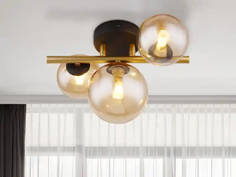 Globo Deckenleuchte RIHA Messing-Schwarz 3-flammig mit Glaskugeln Bernstein, B: 28cm Gratis Versand