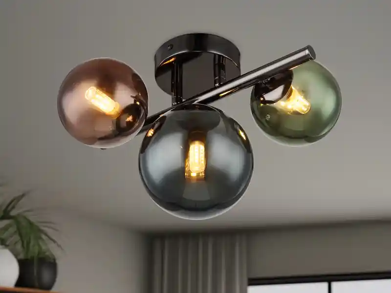 Neue Kollektion Globo Deckenleuchte RIHA Anthrazit 3-flammig mit bunten Glaskugeln, Breite 28cm