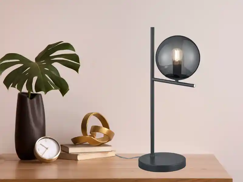meineWunschleuchte Design LED Tischleuchte Anthrazit Lampenschirm Glaskugel Rauchfarbig, Höhe 52cm Echt