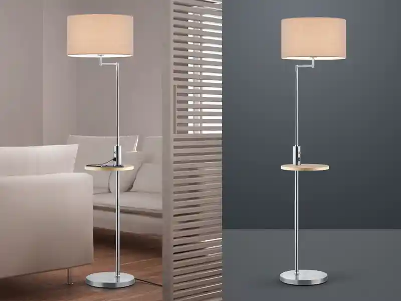 meineWunschleuchte LED Stehleuchte Silber matt mit Stoffschirm, Ablagetisch & USB Anschluss, 160cm Ausverkauf