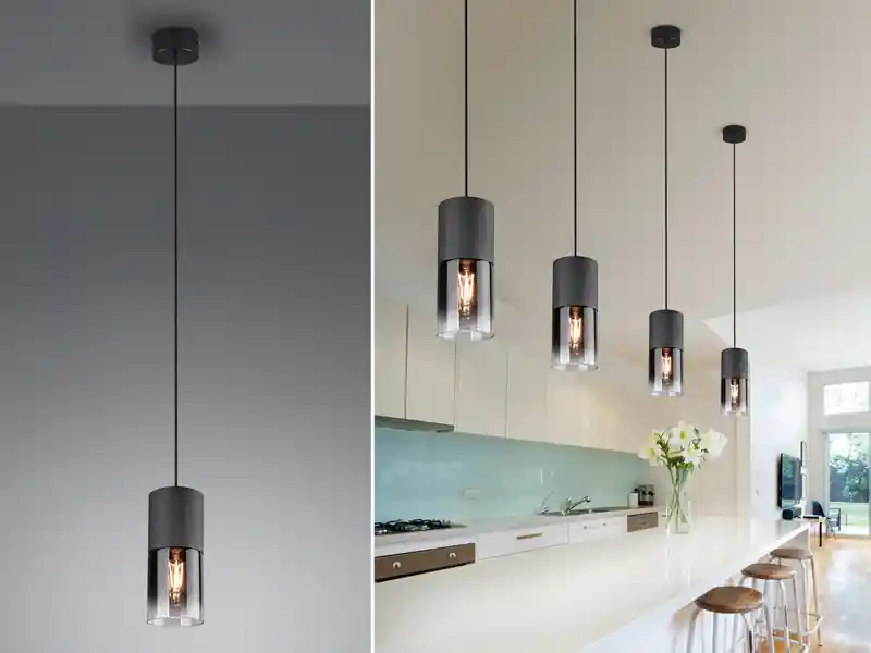 Trio Leuchten Pendelleuchte ROBIN mit Rauchglas 1-flammig Metall Schwarz, Ø 10cm Markenware