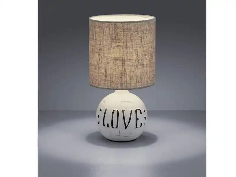 Letzte Chance meineWunschleuchte LED Tischleuchte Keramik-Sockel Schriftzug LOVE Stoffschirm Braun, Höhe 31cm