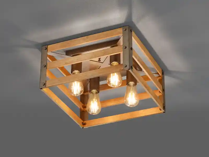 Trio Leuchten Deckenleuchte KHAN mit Echtholz Lampenschirm im Vintage Style, Quadrat 40cm Aktuell
