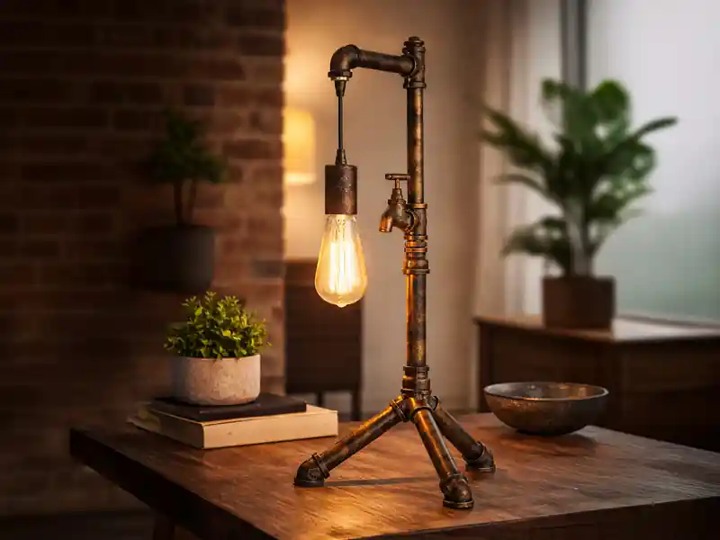LUCE Design Große Tischleuchte AMARCORD in Wasserrohr Optik, Rost, Höhe 61cm Preisreduziert
