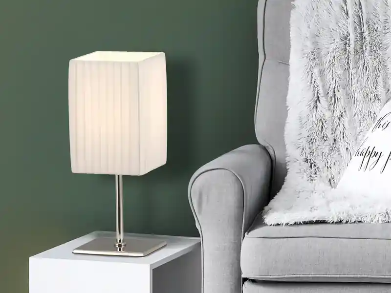 Globo Tischleuchte BAILEY Silber Chrom mit Plissee Stoffschirm Weiß, Höhe 26cm Beliebt