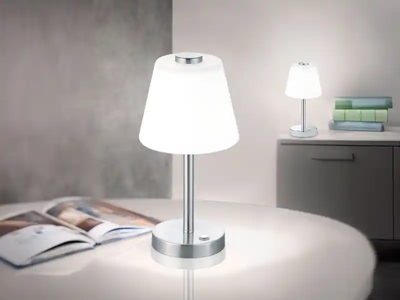 Trio Leuchten LED Tischleuchte EMERALD Silber matt, Glaslampenschirm Weiß, Höhe 29cm Direkt Vom Hersteller