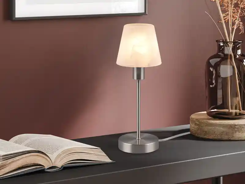 meineWunschleuchte LED Tischleuchte Glasschirm Weiß Sockel Silber - Touch dimmbar, Höhe 32cm Preisknaller