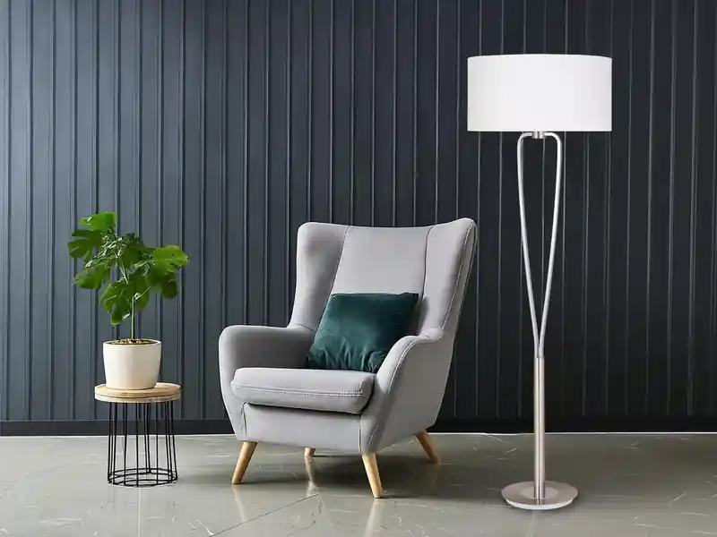 Geprüft meineWunschleuchte Designer LED Stehleuchte Silber mit Stoffschirm Weiß, Höhe 160cm