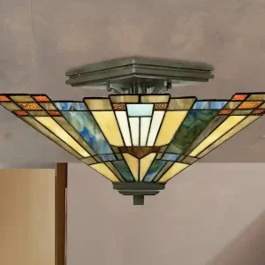 QUOIZEL Hochwertige Deckenleuchte INGLENOOK im Tiffany Design mit buntem Echtglas, Ø36cm Kostenfreie Lieferung
