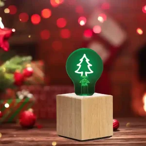Abverkauf meineWunschleuchte Tischlampe Würfel Holz Eiche mit Deko LED Glühbirne Tannenbaum, Quadrat 9cm