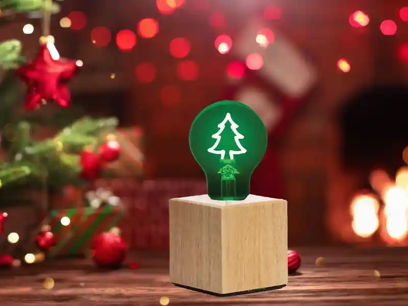Abverkauf meineWunschleuchte Tischlampe Würfel Holz Eiche mit Deko LED Glühbirne Tannenbaum, Quadrat 9cm