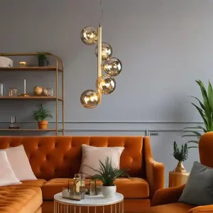 ECO-LIGHT Pendelleuchte NEPTUN 5-flammig in Messing mit Amber Glaskugeln lang, Höhe 183cm Neu