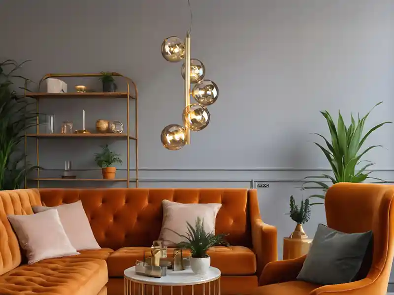 ECO-LIGHT Pendelleuchte NEPTUN 5-flammig in Messing mit Amber Glaskugeln lang, Höhe 183cm Neu