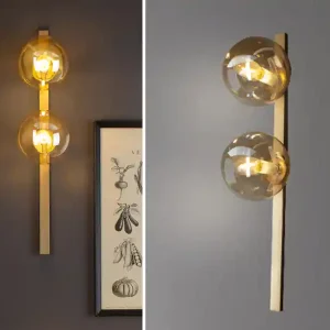 Saisonangebot ECO-LIGHT Außergewöhnliche Wandlampe PLUTO Messing 2 flammig - Glaskugel Amber