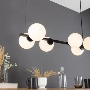 ECO-LIGHT Pendelleuchte PLUTO 6 flammig Schwarz & Opalglas Kugeln Weiß, Breite 80cm Begrenztes Angebot