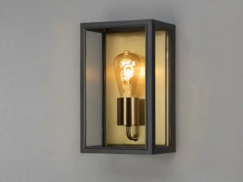 Geprüft Konstsmide Außenwandlaterne CARPI Schwarz-Messing mit Klarglas, Höhe 30cm