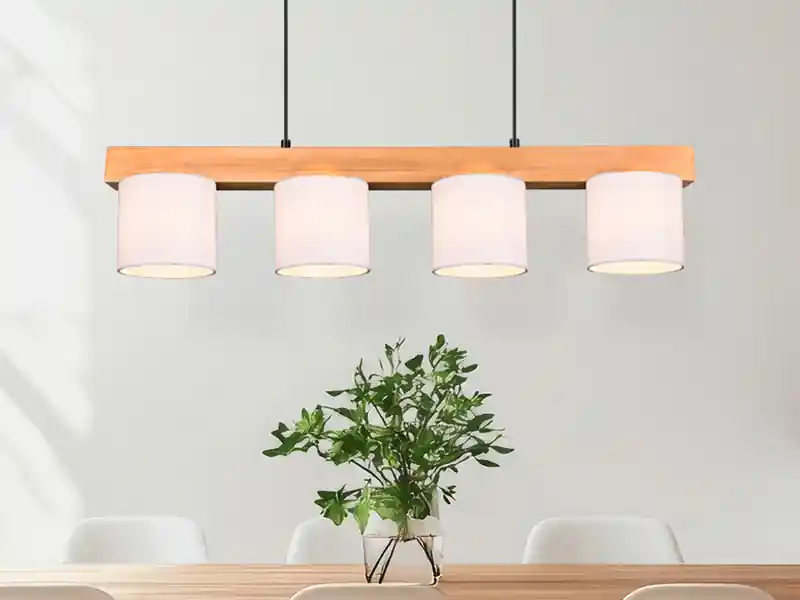 RL LIVE YOUR LIGHT Pendelleuchte CAMERON Holzbalken 4-flammig Stoff Lampenschirme Weiß, B: 75cm Kostenfreie Lieferung