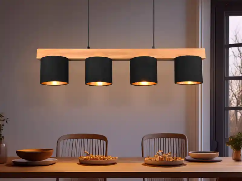 meineWunschleuchte LED Holzbalken Pendelleuchte 4-flammig Stoffschirme Schwarz Gold, B: 75cm Online Kaufen