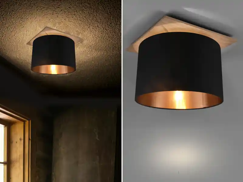 meineWunschleuchte Deckenleuchte mit Stoff Lampenschirm in Schwarz/Gold und Holz Sockel, Ø 40cm Sichere Zahlung